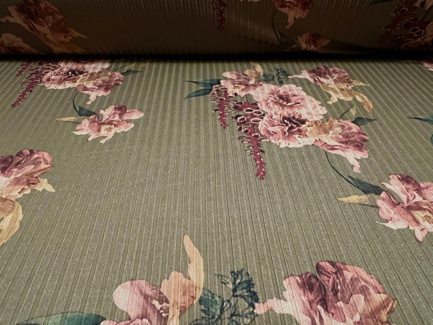 Recycled Spandex rib stretch jersey fabric, per metre - rose flower print - khaki green