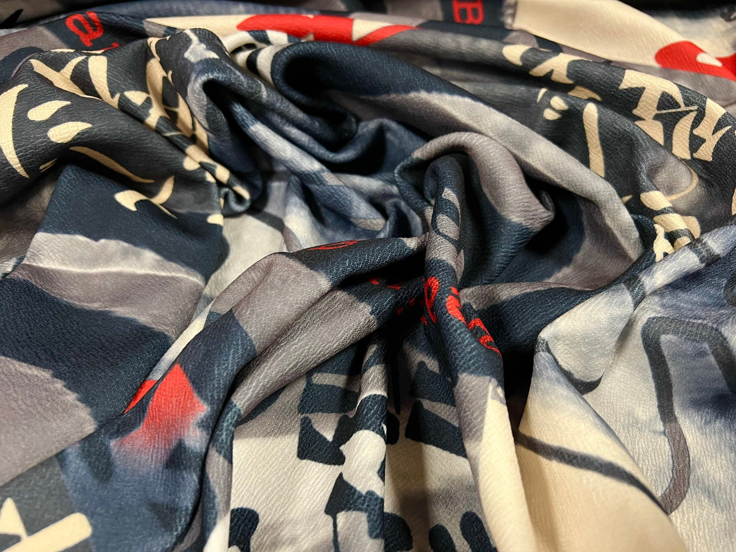 Scuba textured ‘Liverpool’ stretch spandex jersey fabric, per metre - Japanese symbols Beautiful Girl print - grey & cream