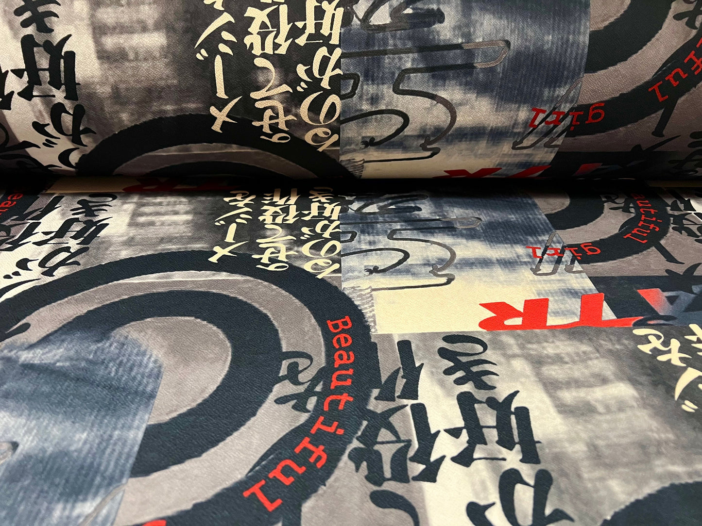Scuba textured ‘Liverpool’ stretch spandex jersey fabric, per metre - Japanese symbols Beautiful Girl print - grey & cream
