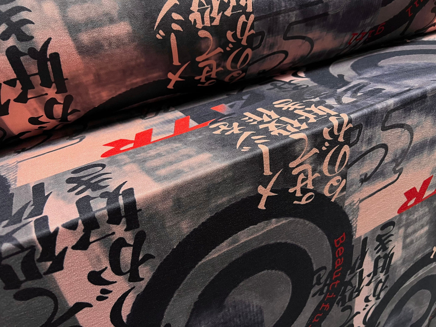 Valentino crepe spandex jersey fabric - similar to scuba - per metre - Japanese symbols beautiful girl print - dusky pink