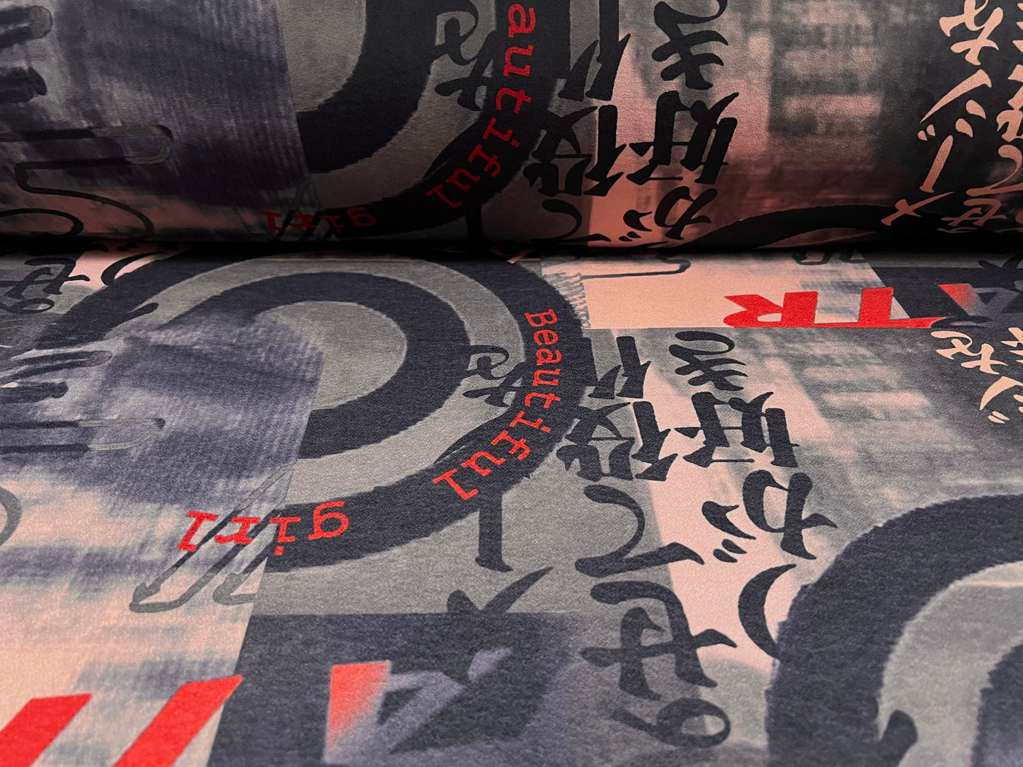 Valentino crepe spandex jersey fabric - similar to scuba - per metre - Japanese symbols beautiful girl print - dusky pink