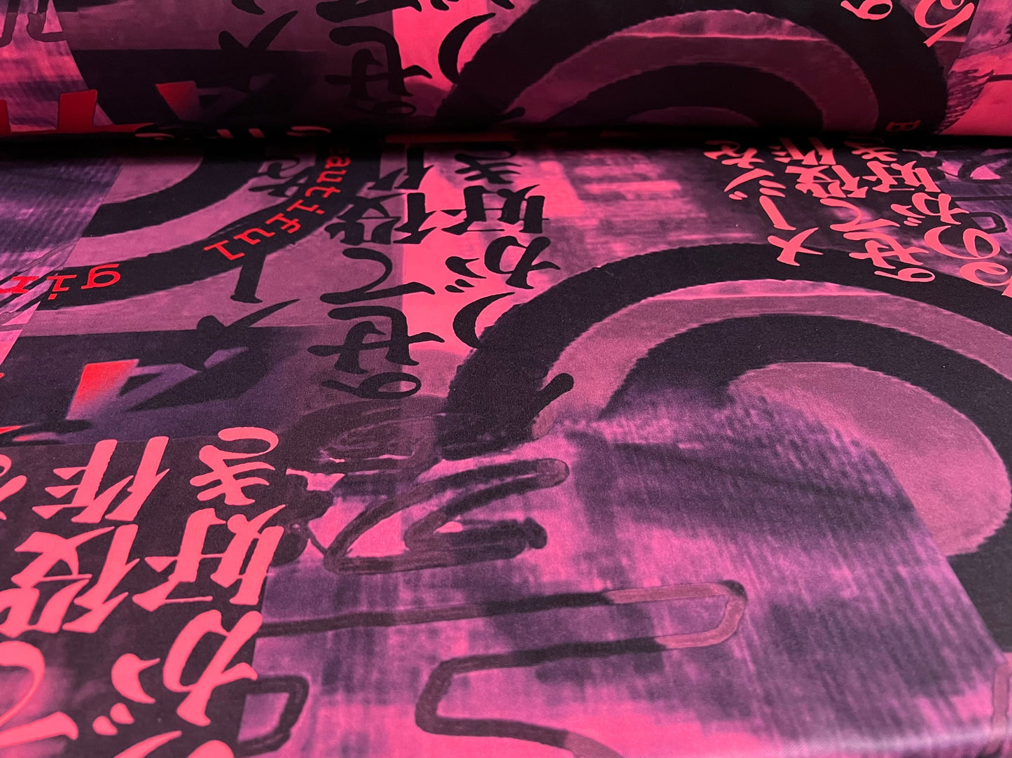 Single jersey polyester fabric - 60 inches wide - Japanese symbols beautiful girl print - pink & purple