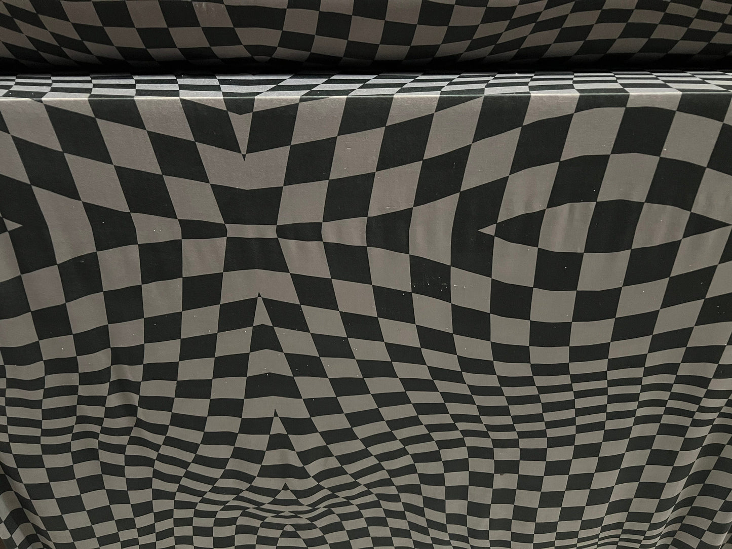 Disco shimmer stretch spandex jersey fabric, per metre - psychedelic squares print - grey & black