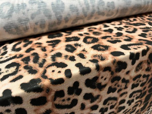 Soft handle stretch spandex single jersey fabric, per metre - cheetah animal print - cream