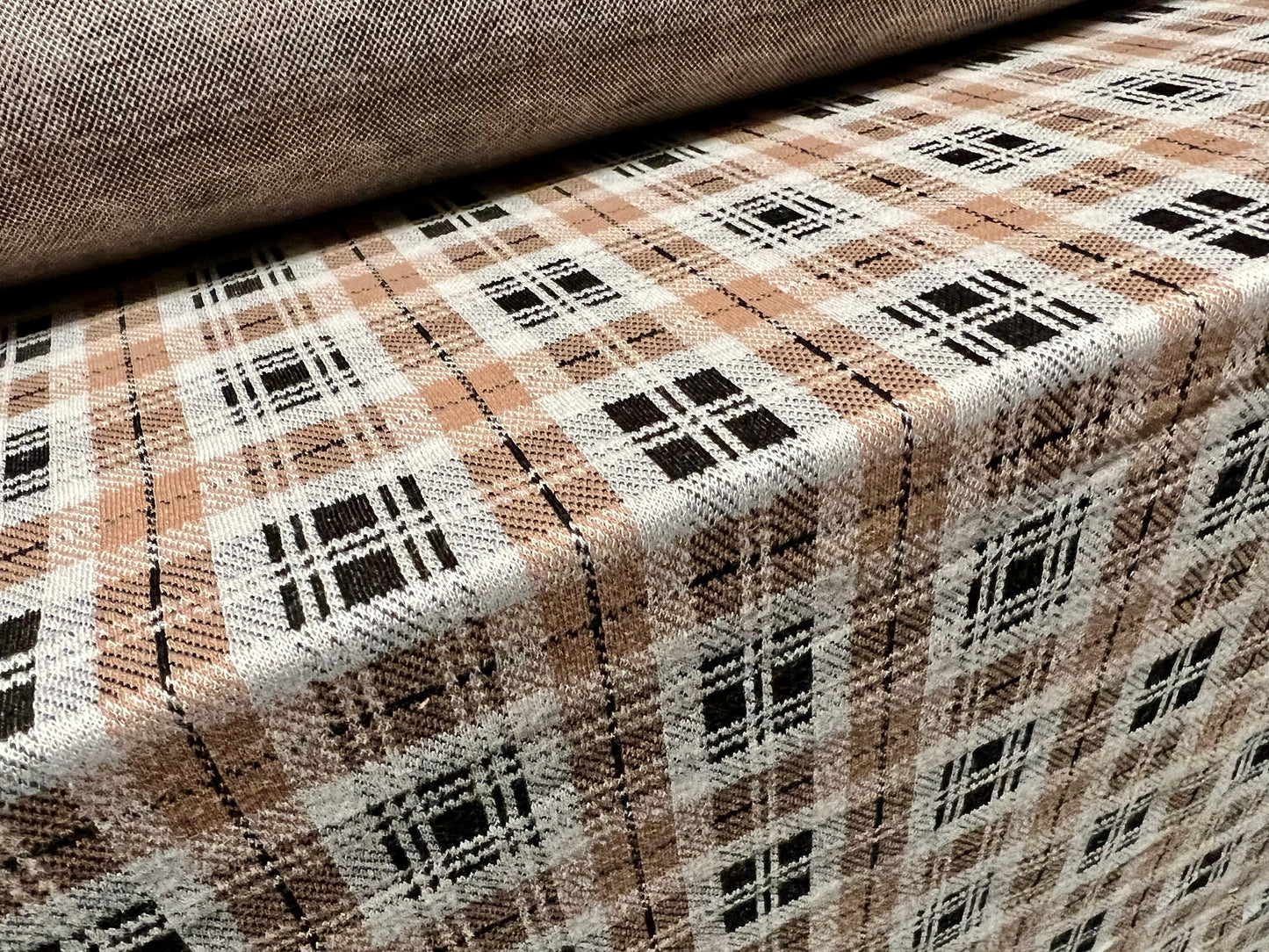 Double jersey spandex knit jersey fabric, per metre - check jacquard - light brown