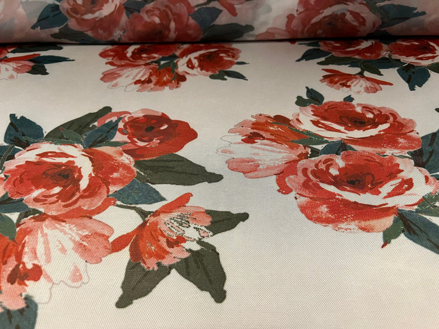 Power mesh net stretch spandex fabric, per metre - Rose flower print - cream & orange