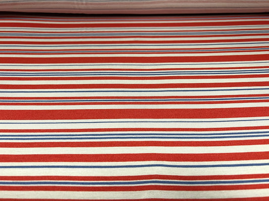 Viscose spandex stretch single jersey fabric, per metre - stripe print - red white & blue