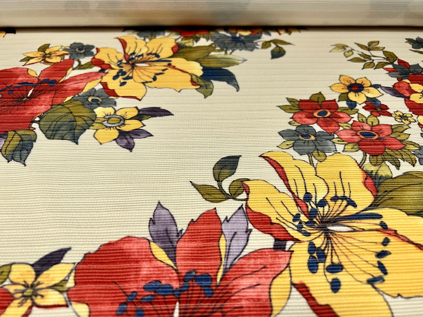 Stretch Spandex Ottoman Rib Jersey Fabric, Per Metre - Trailing Flowers print - cream with multicolour flowers