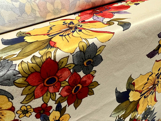 Printed single jersey fabric, per metre - Trailing Flowers print - cream with multicolour flowers