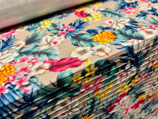Stretch Spandex Ottoman Rib Jersey Fabric, Per Metre - Hawaiian Garden print - grey with multicolour flowers