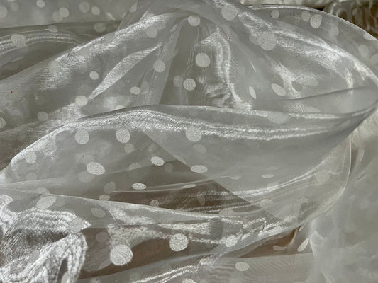 Crystal organza lightweight woven shimmer fabric, per metre - spotted design - ivory