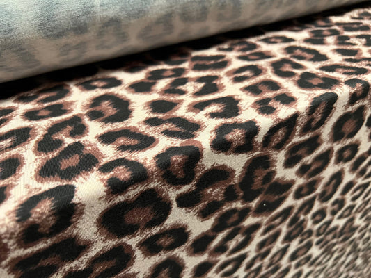 Soft handle stretch spandex single jersey fabric, per metre - leopardskin animal print - stone & brown