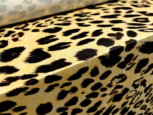Soft touch stretch spandex jersey fabric, per metre - cheetah animal print - lemon gold