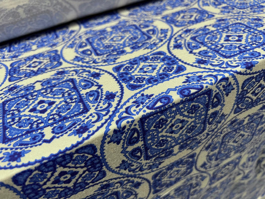 Viscose spandex stretch single jersey fabric, per metre - Paisley geometric print - blue