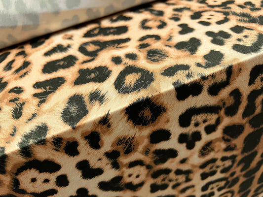 Soft touch stretch spandex single jersey fabric, per metre - leopardskin animal print - beige gold