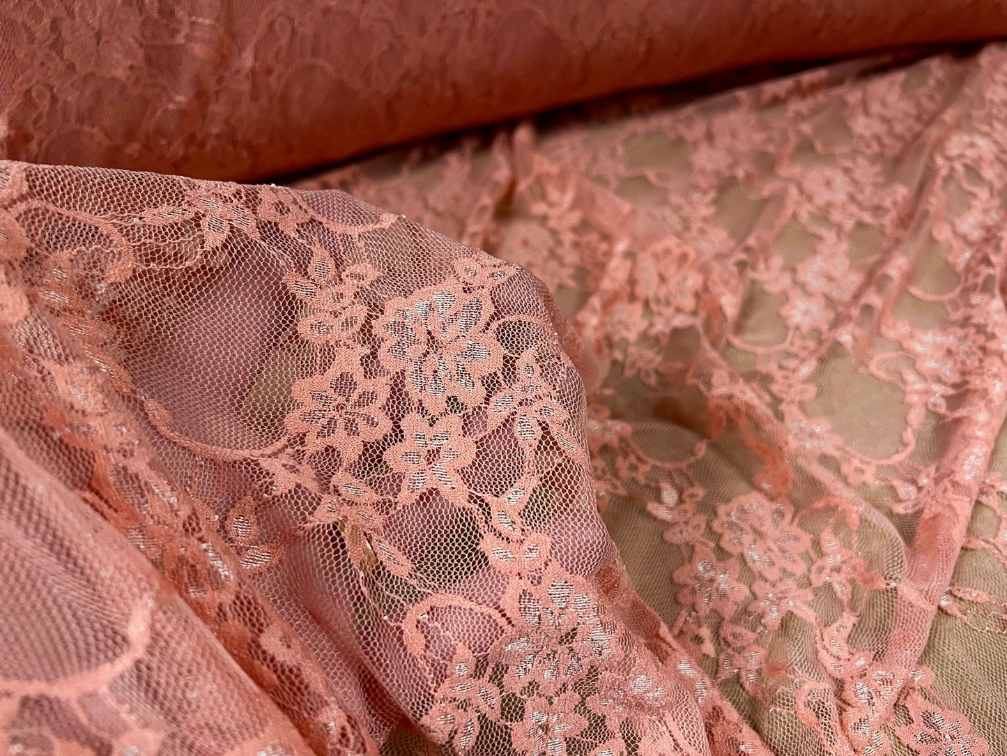 Stretch spandex mesh lace fabric, per metre - floral design - dusky pink