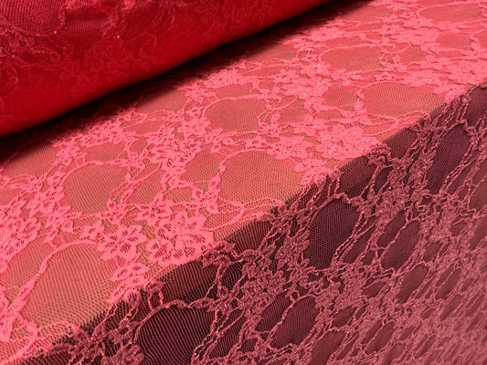 Stretch spandex mesh lace fabric, per metre - floral design - coral