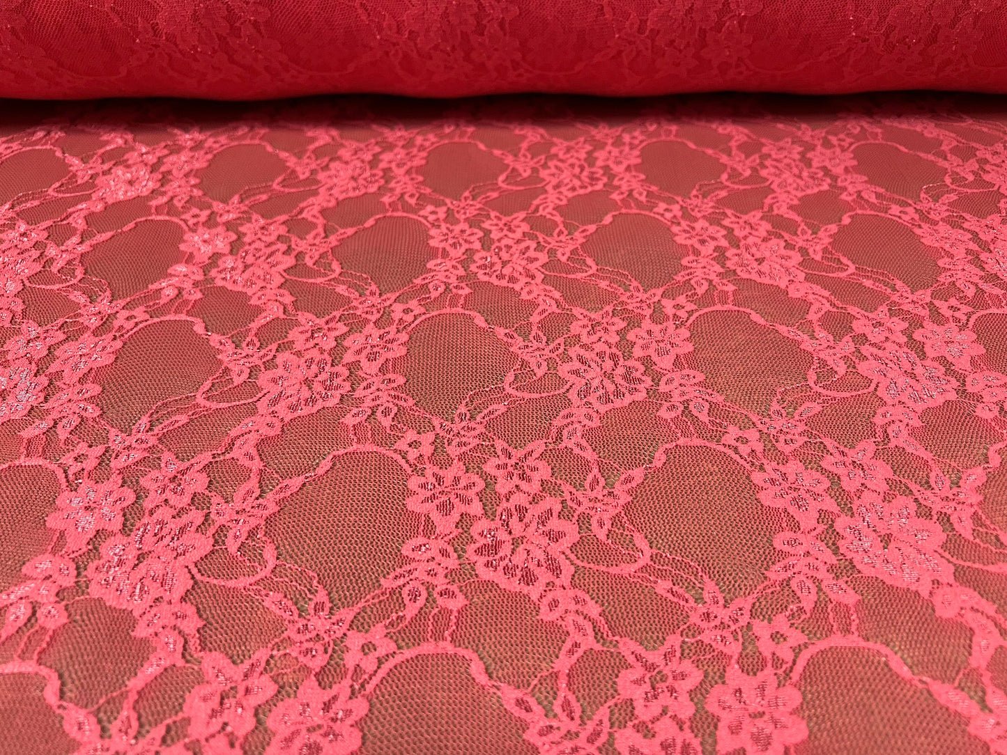 Stretch spandex mesh lace fabric, per metre - floral design - coral