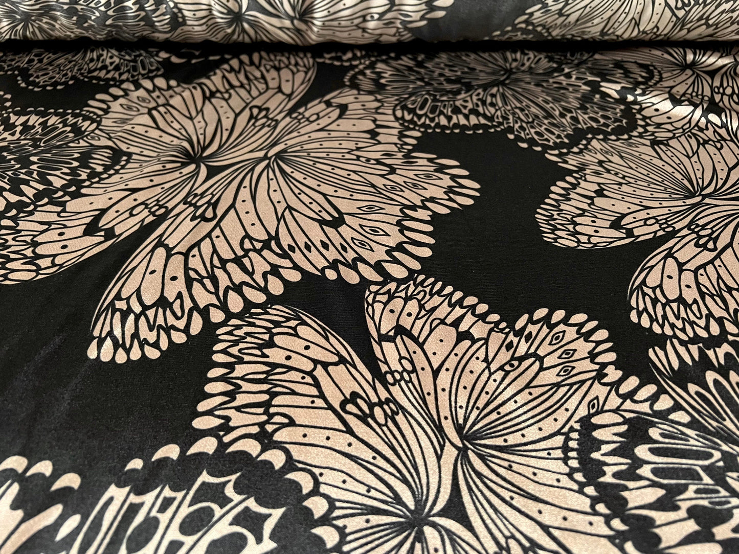 Silky Stretch charmeuse satin dress fabric, per metre - large flower print - bronze & black