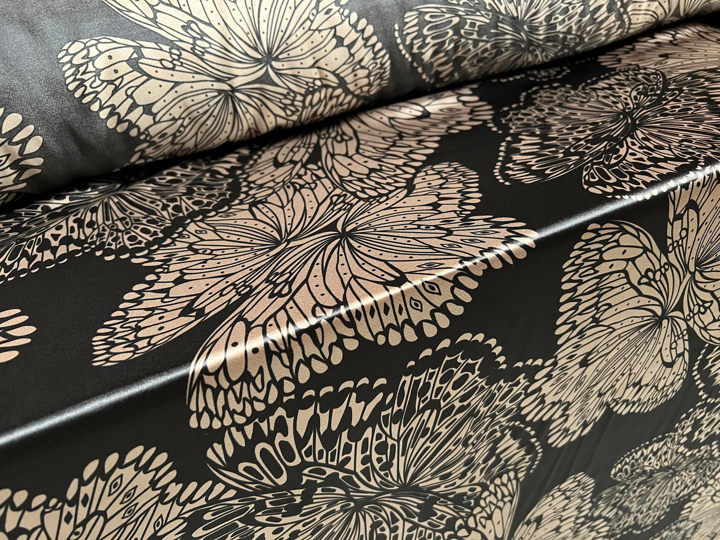 Silky Stretch charmeuse satin dress fabric, per metre - large flower print - bronze & black