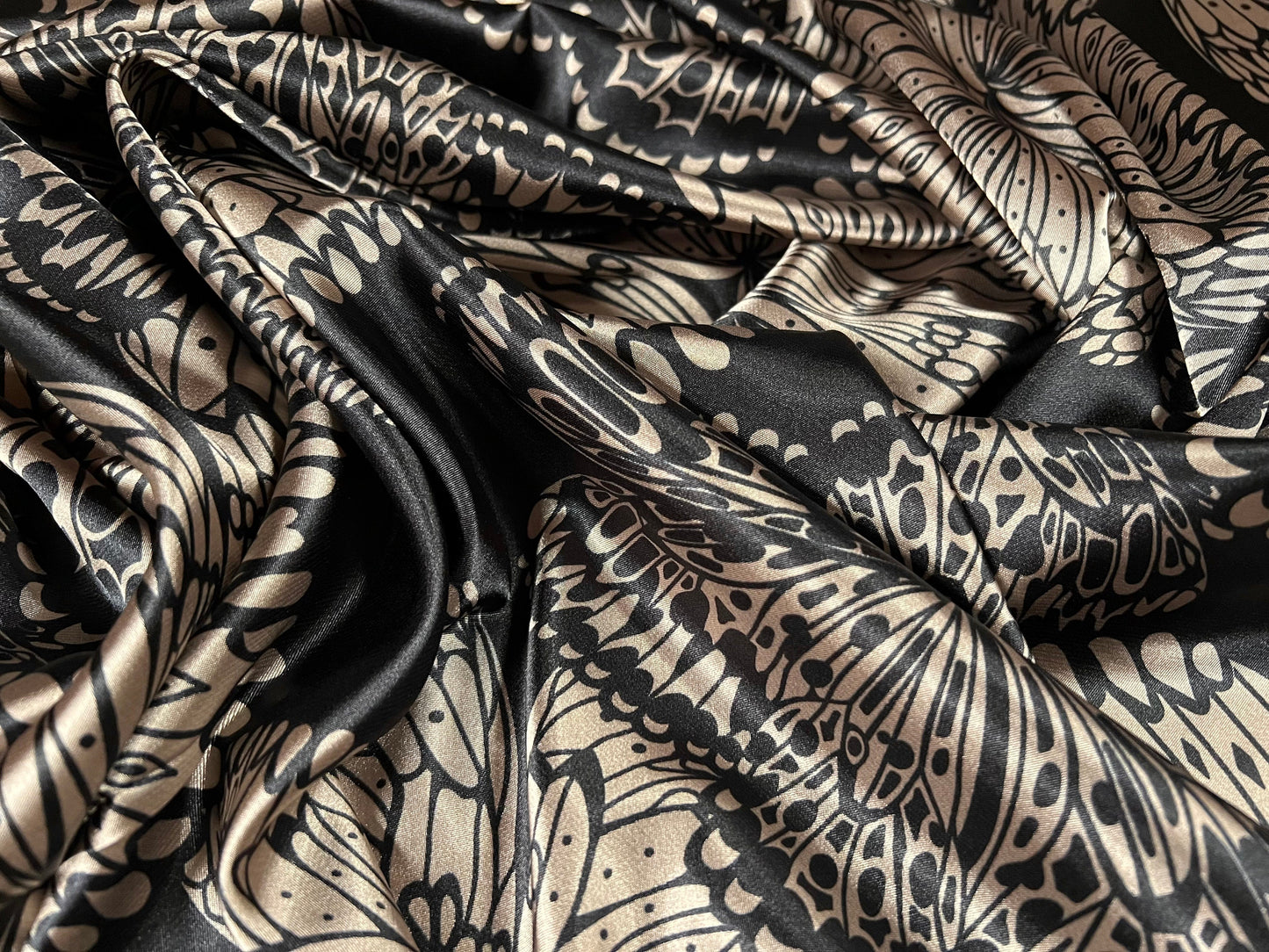 Silky Stretch charmeuse satin dress fabric, per metre - large flower print - bronze & black