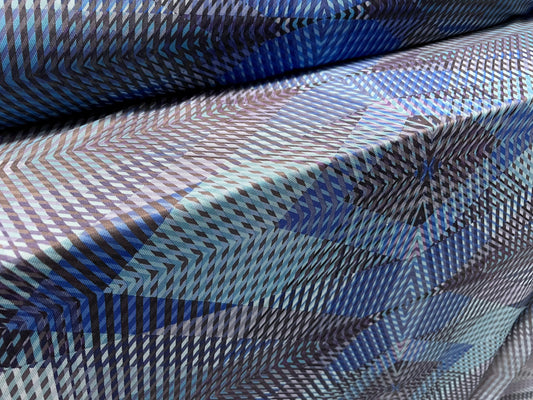 Power mesh net sheer stretch spandex fabric, per metre - kaleidoscope print - blue