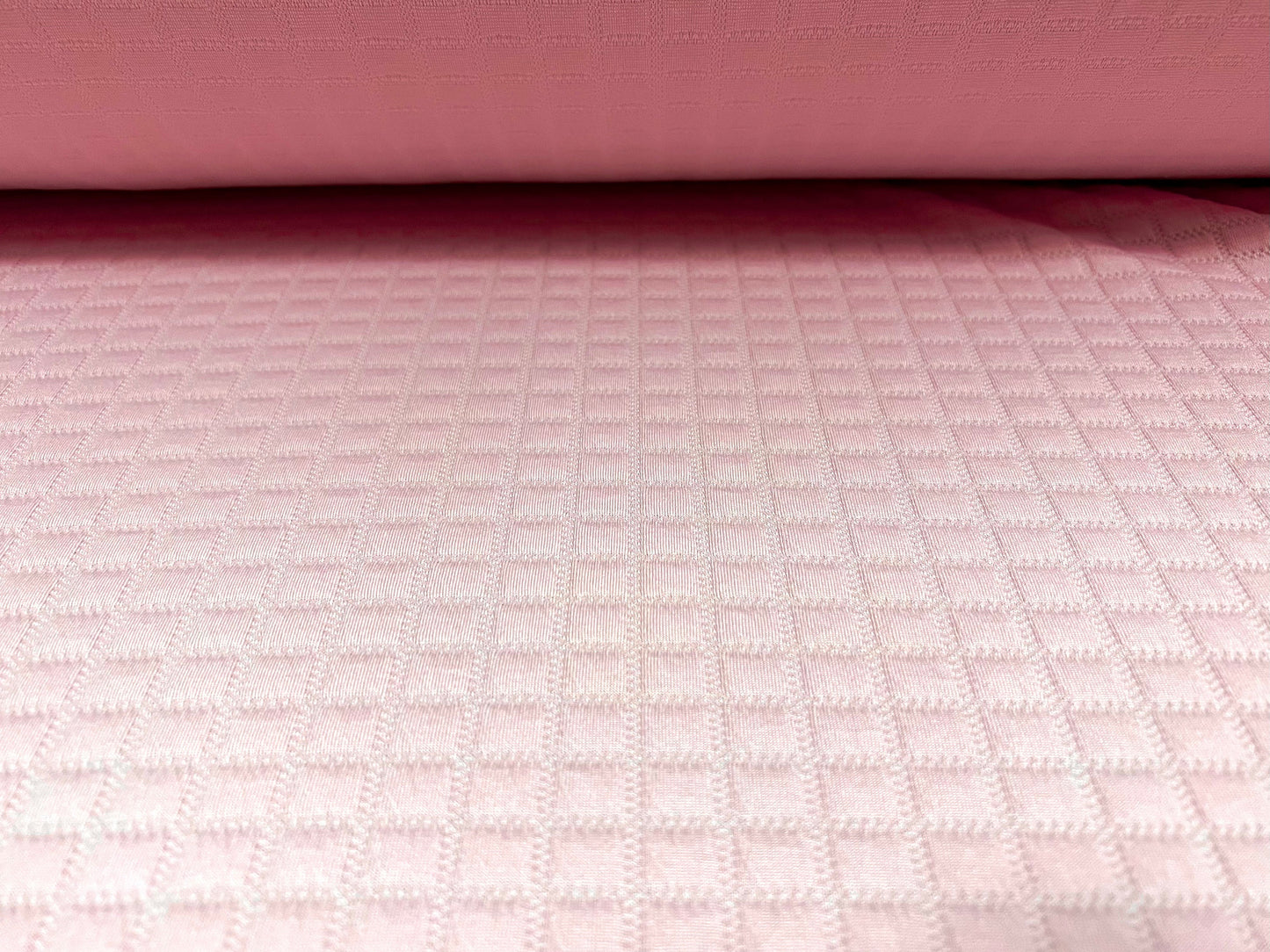 Mock quilted double jersey spandex fabric, per metre - geometric squares design - baby pink