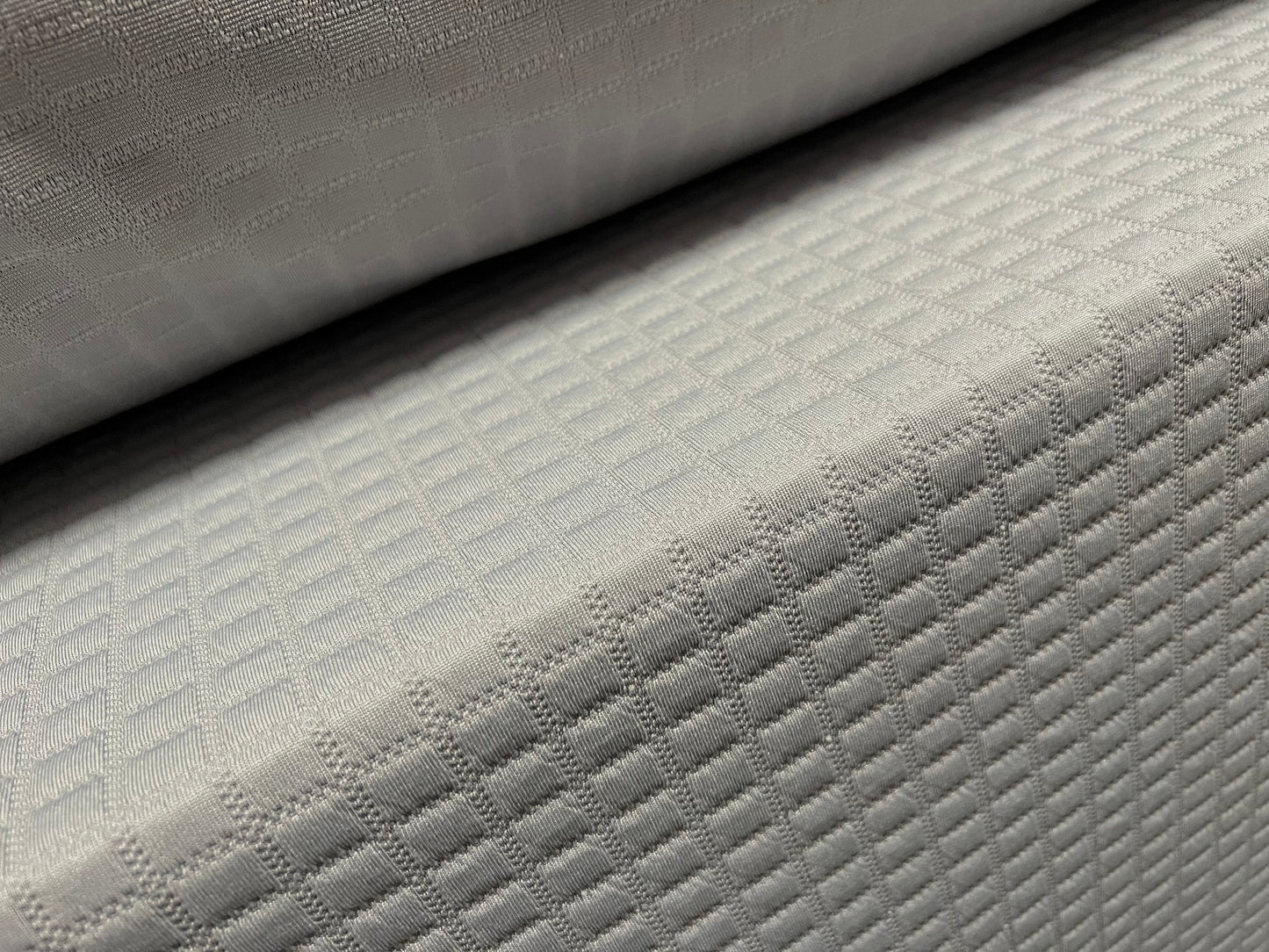 Mock quilted double jersey spandex fabric, per metre - geometric squares design - grey