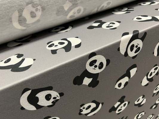 Soft handle single jersey fabric, per metre - panda bear print - grey