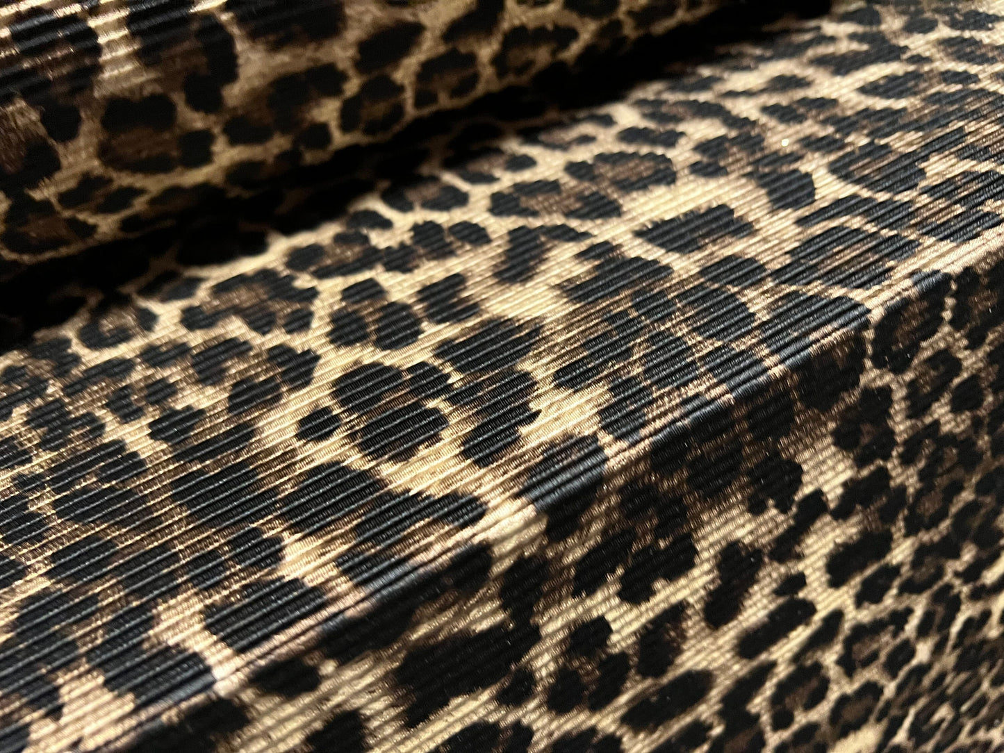 Plissé pleated satin dress fabric, per metre - Leopardskin animal print - brown