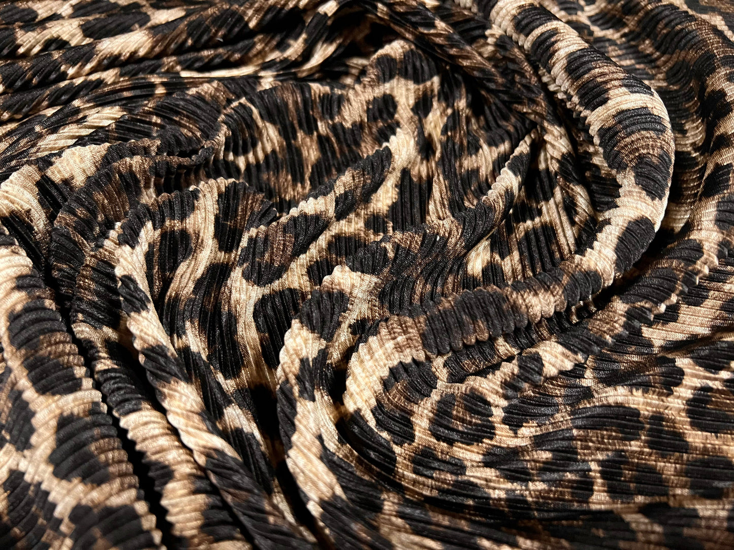 Plissé pleated satin dress fabric, per metre - Leopardskin animal print - brown