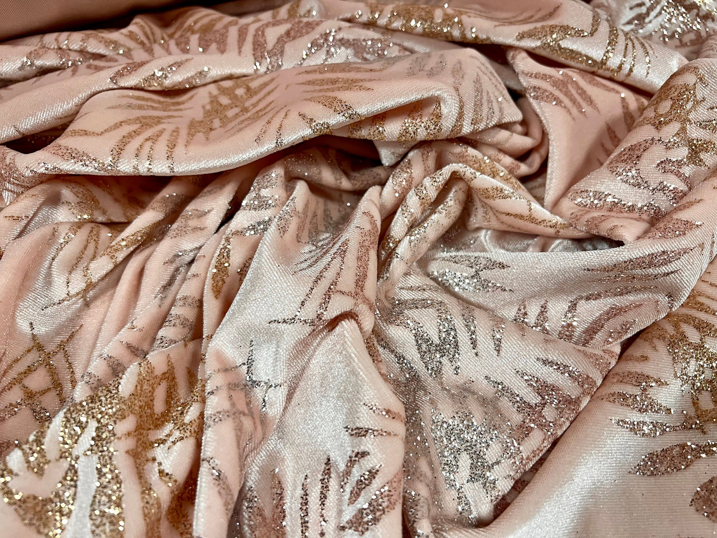 Spandex velvet stretch fabric, per metre - leaf glitter print - nude silver & gold