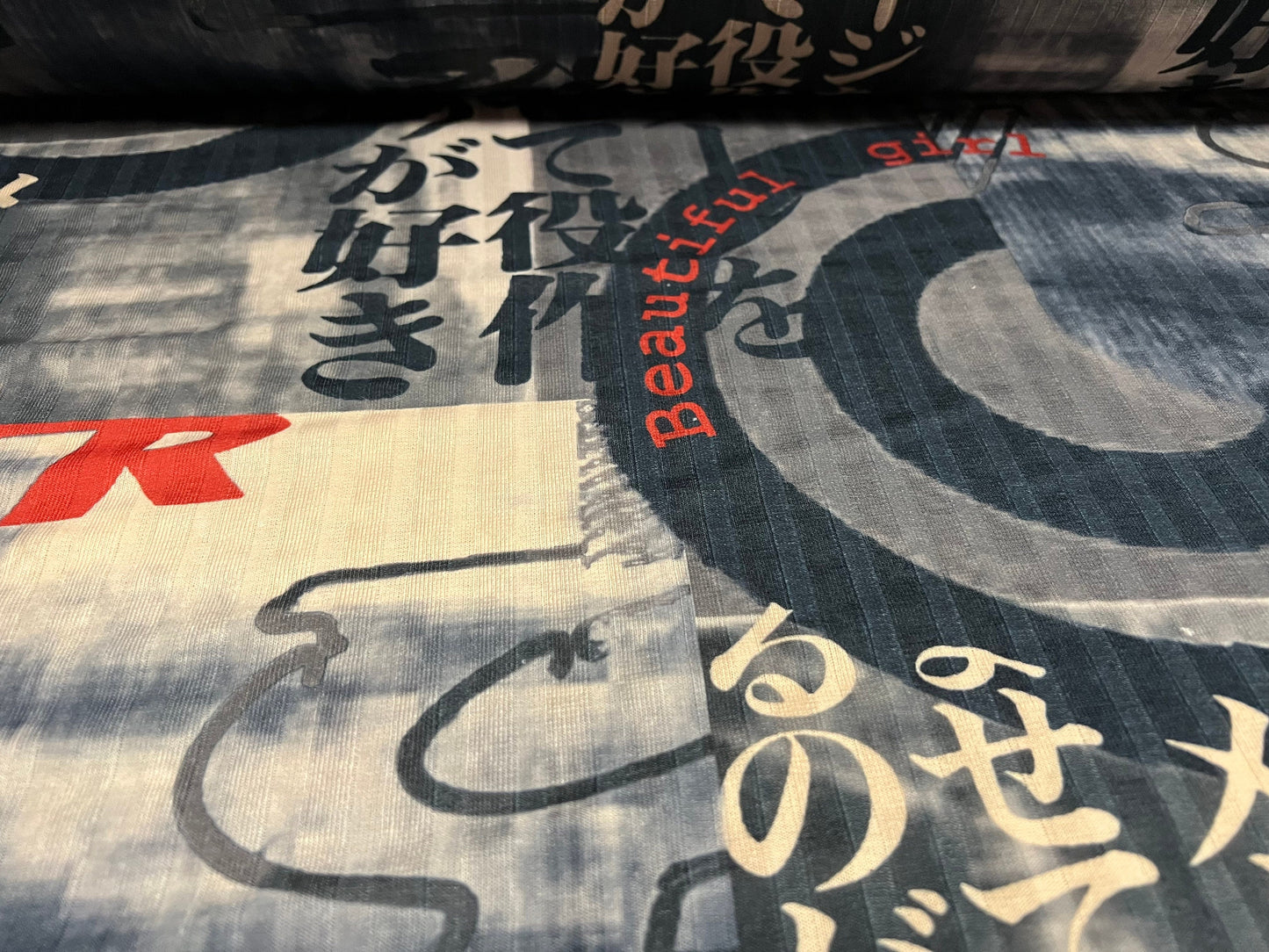 Ribbed jersey fabric, per metre - Japanese symbols print - grey & cream