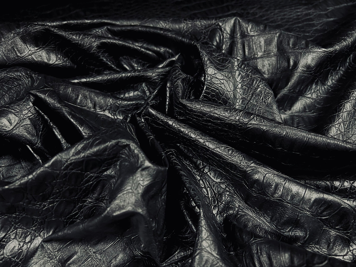 Faux leather fabric, per metre - heavyweight embossed crocodile design - black