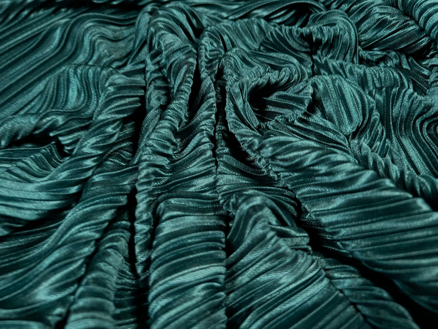 Plissé pleated stretch satin dress fabric, per metre - plain - peacock