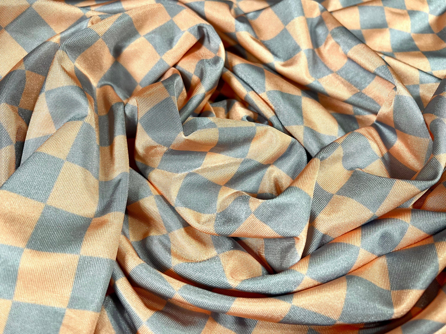 Disco shimmer stretch spandex jersey fabric, per metre - squares check print - peach & grey