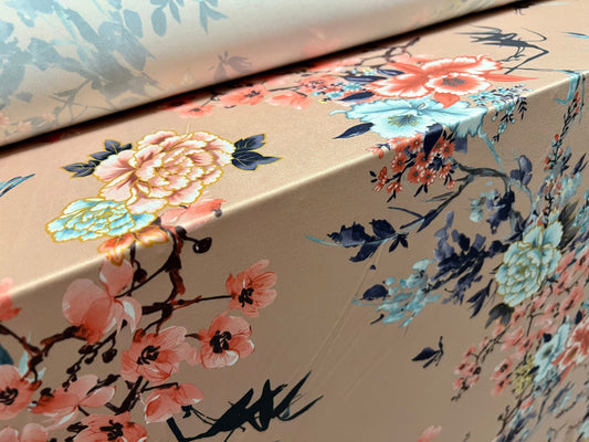 Soft touch stretch spandex single jersey fabric, per metre - flower print - peach pink & turquoise