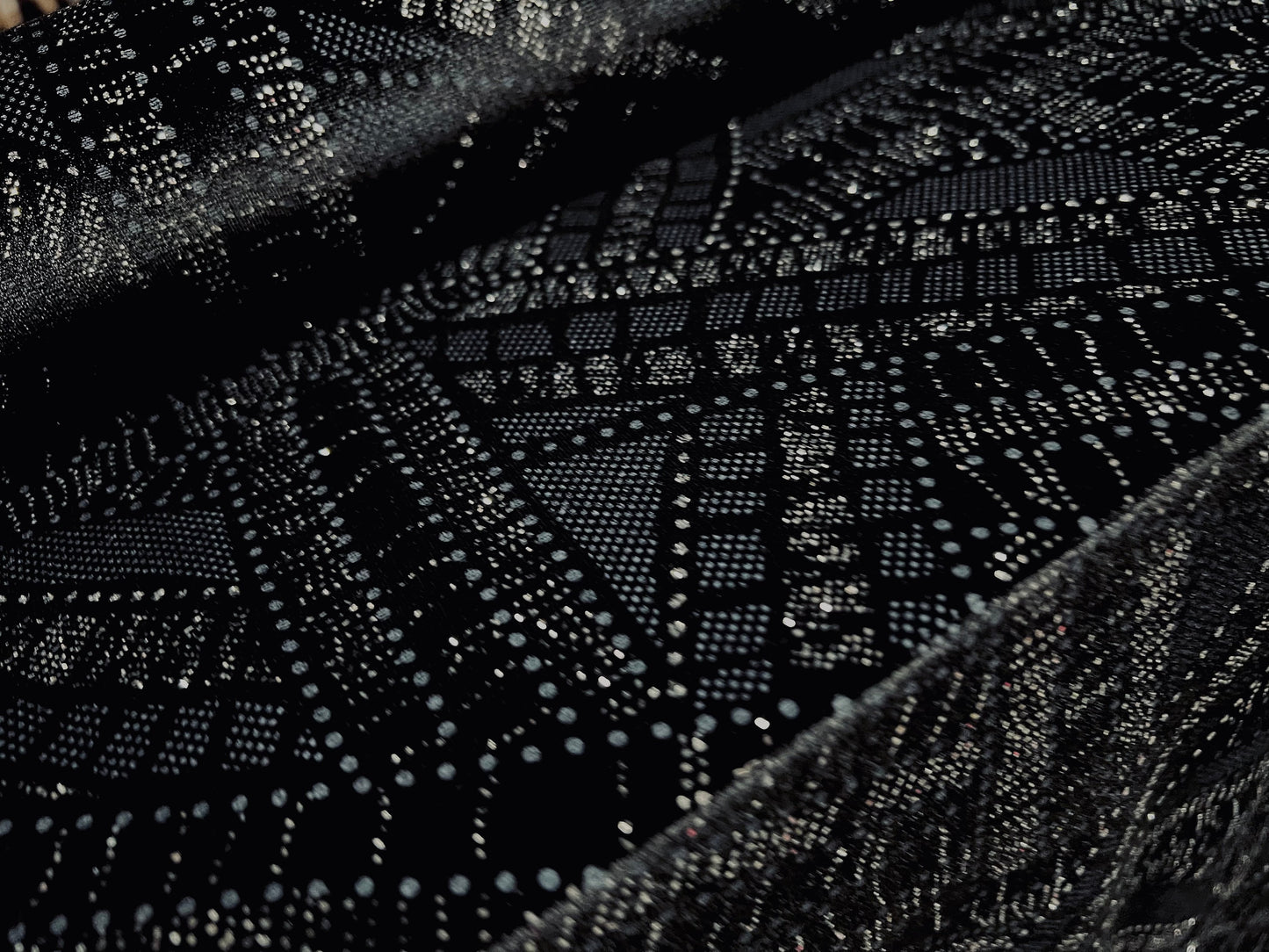 Spandex velvet stretch fabric, per metre - black with silver flock and geometric glitter print