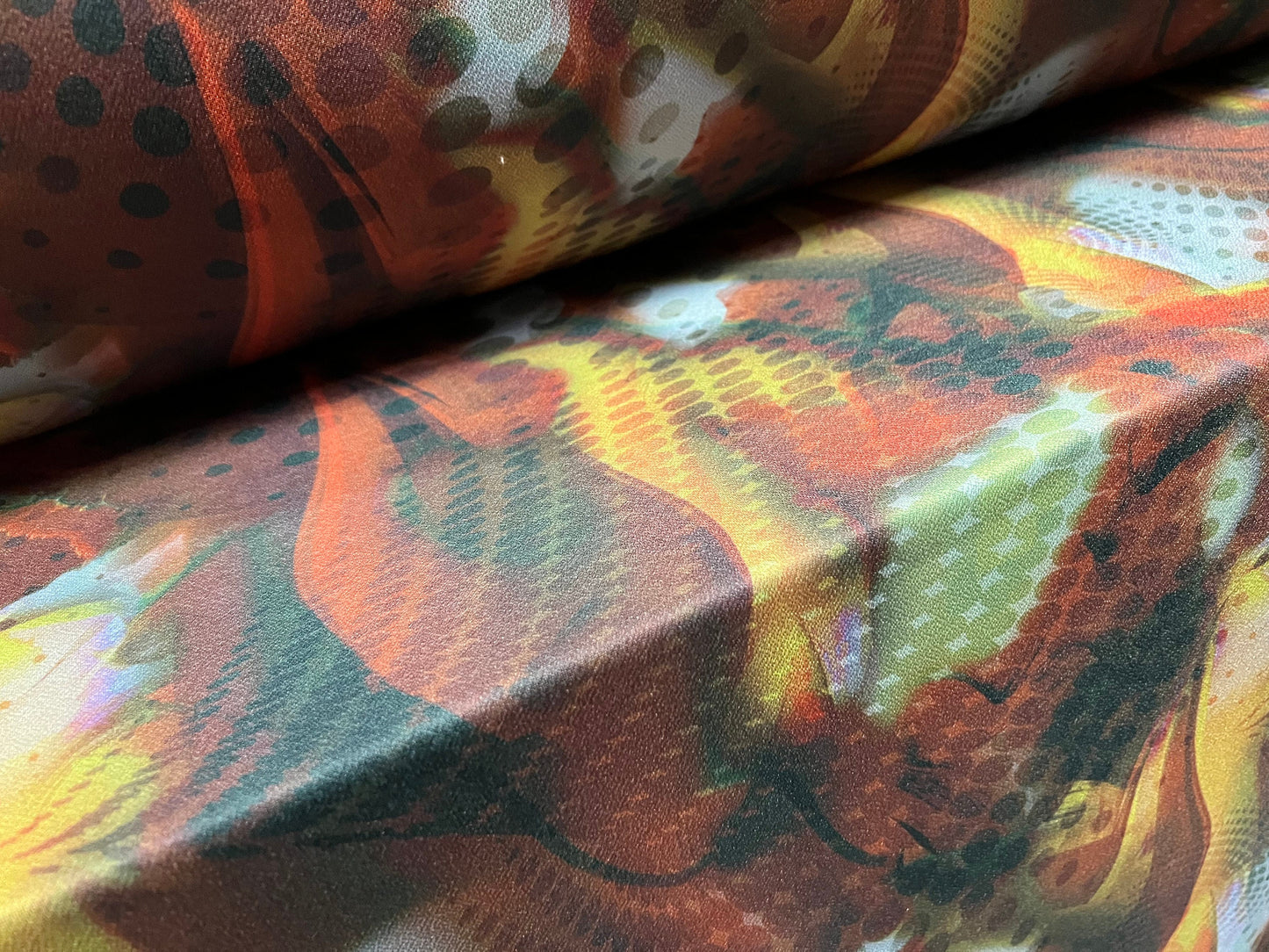 Valentino crepe spandex jersey fabric - similar to scuba - per metre - concentric circles swirl print - multicolour