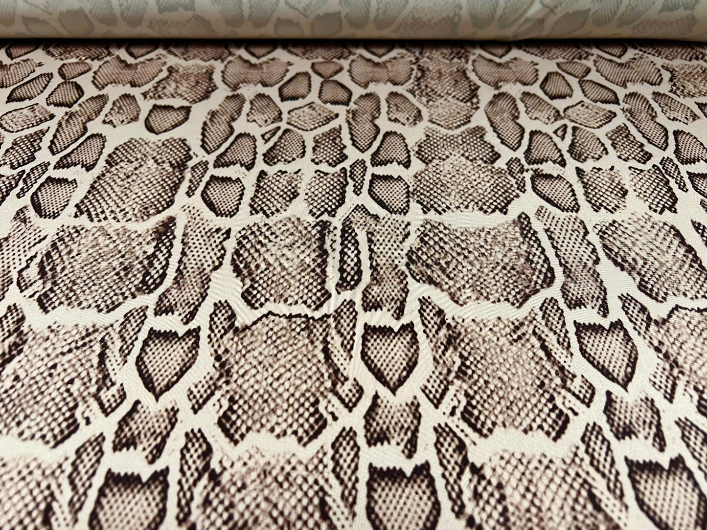 Soft touch stretch spandex jersey fabric, per metre - snakeskin print - cream & grey