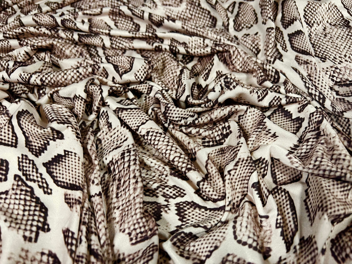 Soft touch stretch spandex jersey fabric, per metre - snakeskin print - cream & grey