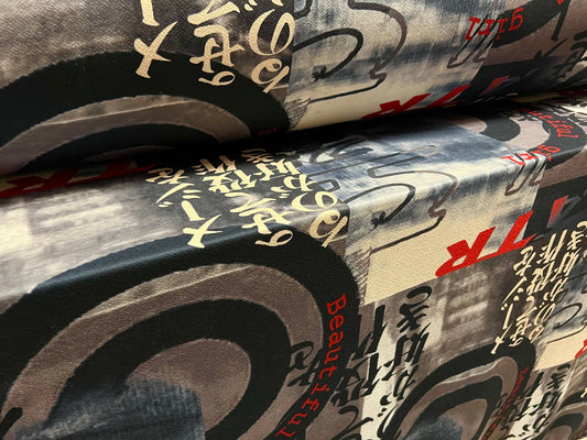 Scuba textured ‘Liverpool’ stretch spandex jersey fabric, per metre - Japanese symbols Beautiful Girl print - grey & cream