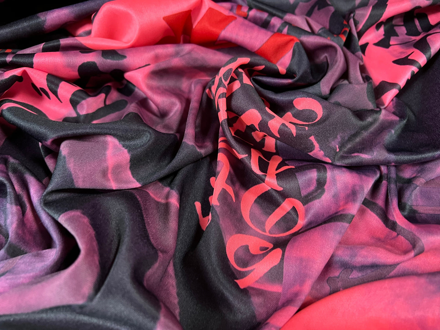 Single jersey polyester fabric - 60 inches wide - Japanese symbols beautiful girl print - pink & purple