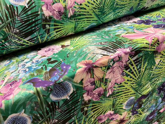 Barcelona smooth stretch woven dress fabric, per metre - leaves & flowers print - blue green