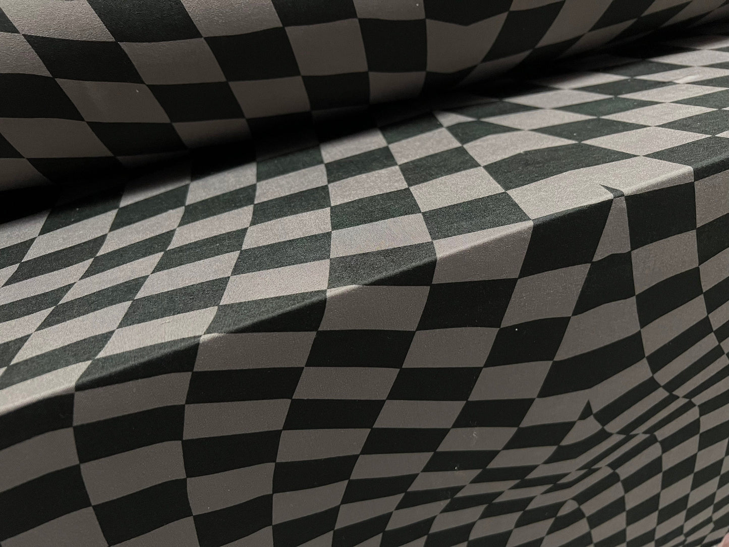 Disco shimmer stretch spandex jersey fabric, per metre - psychedelic squares print - grey & black