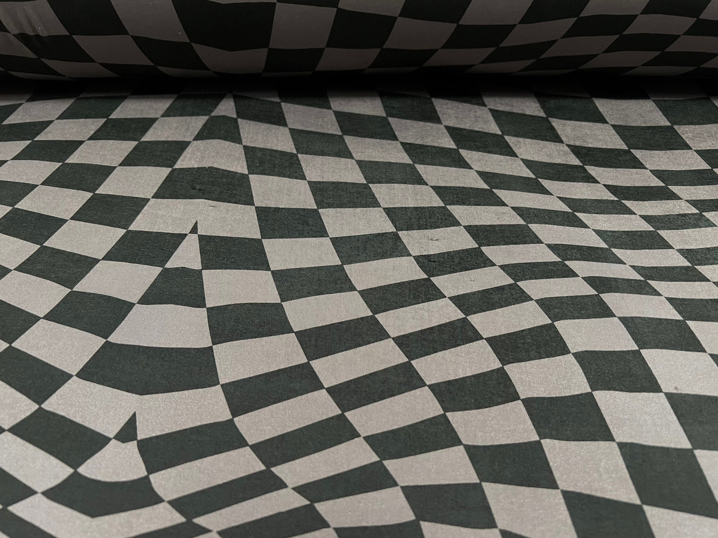 Disco shimmer stretch spandex jersey fabric, per metre - psychedelic squares print - grey & black