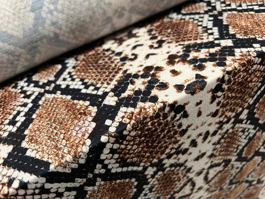 Soft handle stretch spandex single jersey fabric, per metre - snakeskin animal print - bronze & black