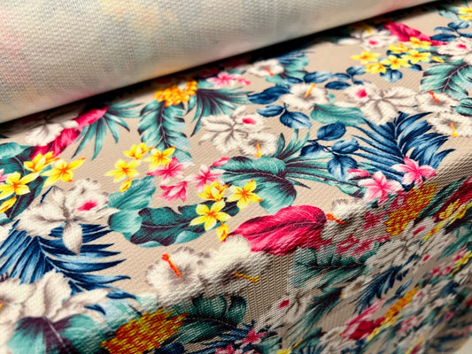 Micro jacquard stretch spandex jersey fabric, per metre - Hawaiian garden print - multicolour