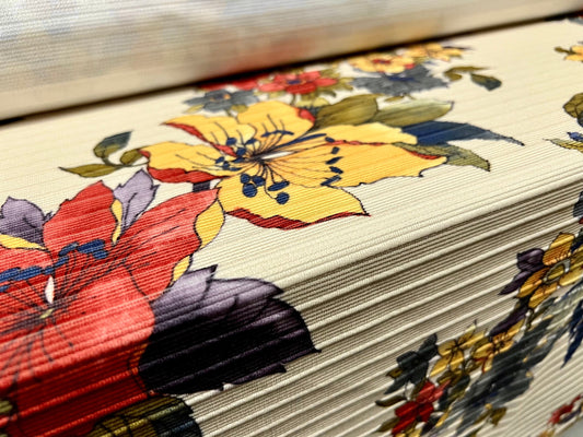 Stretch Spandex Ottoman Rib Jersey Fabric, Per Metre - Trailing Flowers print - cream with multicolour flowers