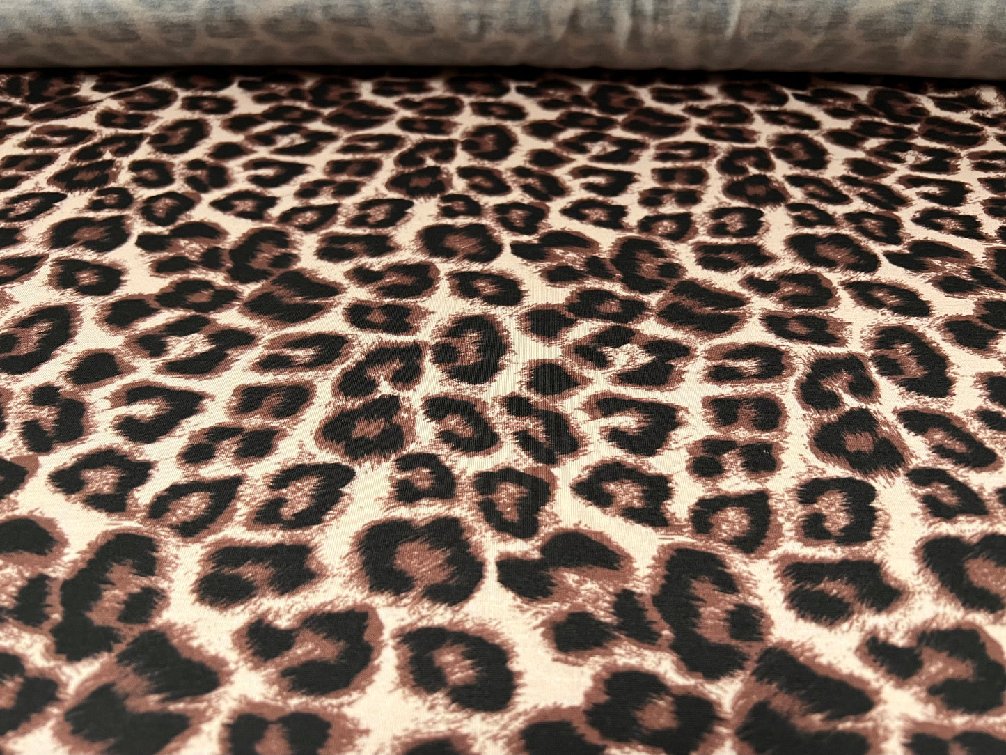 Soft handle stretch spandex single jersey fabric, per metre - leopardskin animal print - stone & brown